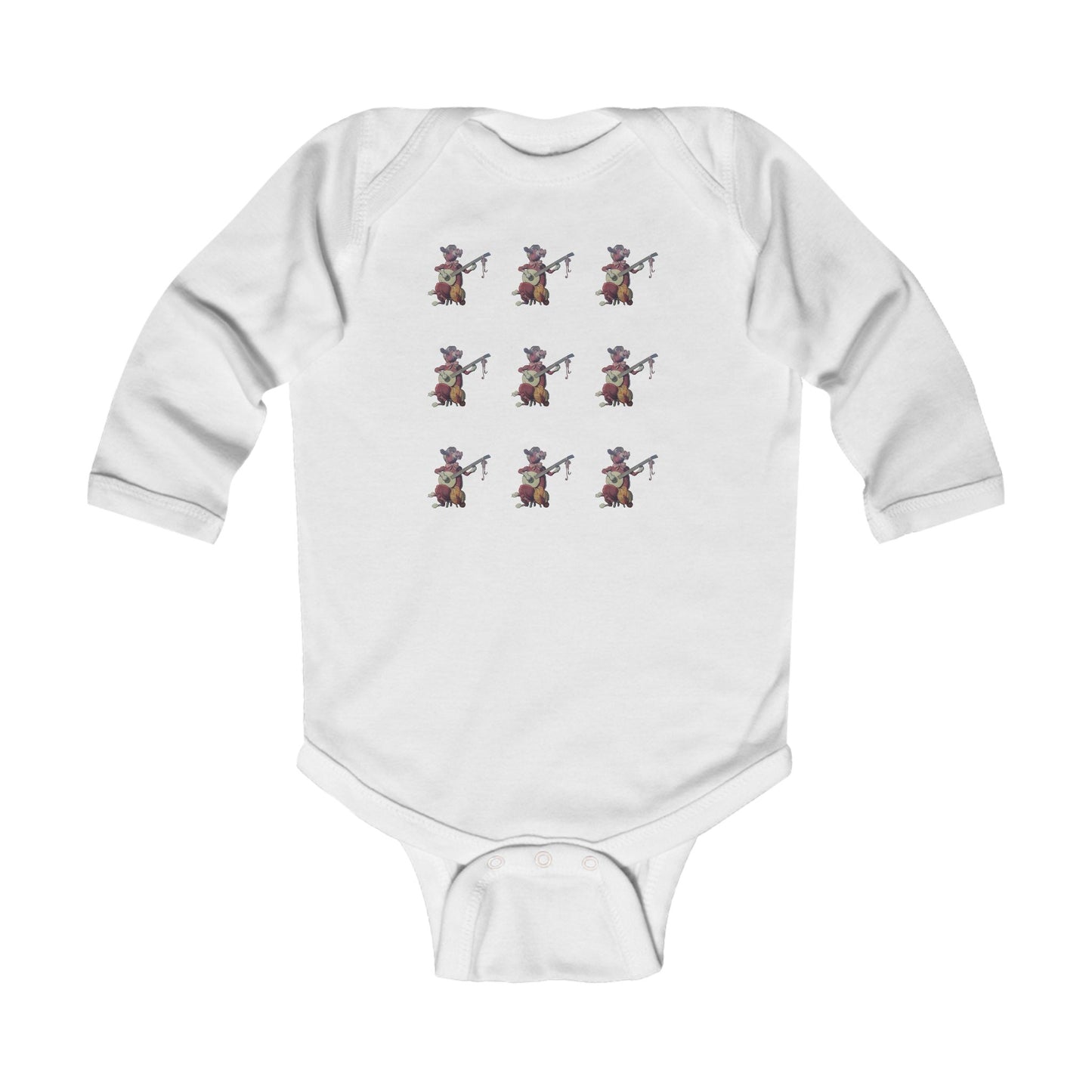 Infant Long Sleeve Bodysuit, Purple Cow banjo multi print