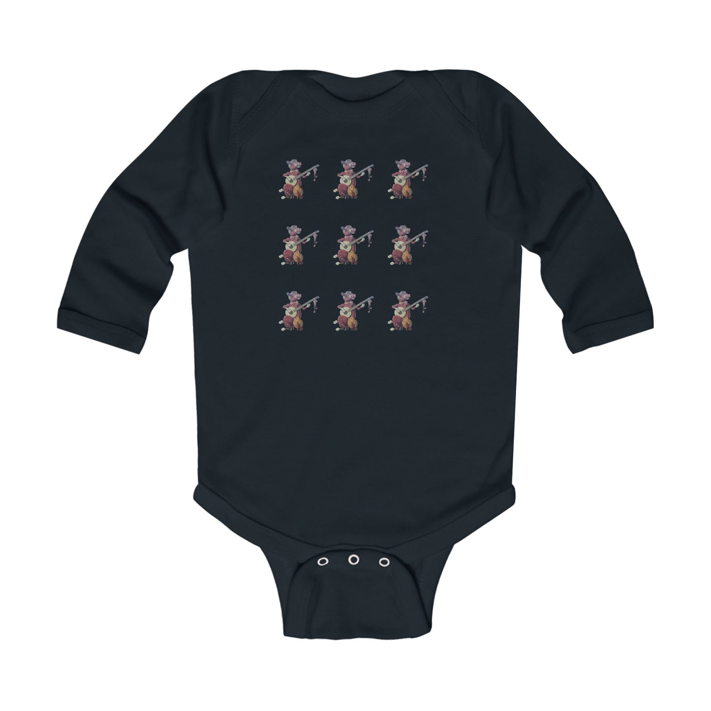 Infant Long Sleeve Bodysuit, Purple Cow banjo multi print