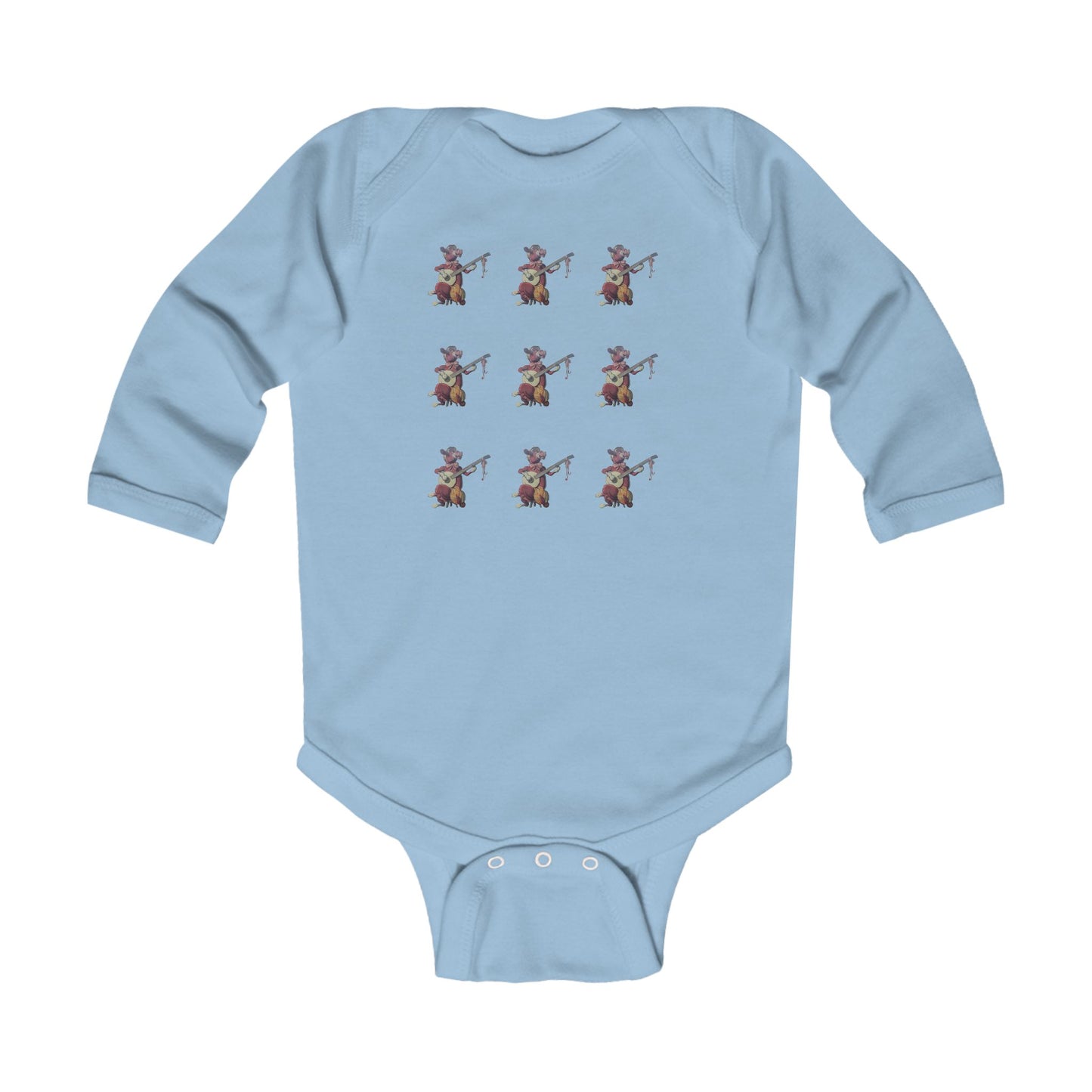 Infant Long Sleeve Bodysuit, Purple Cow banjo multi print